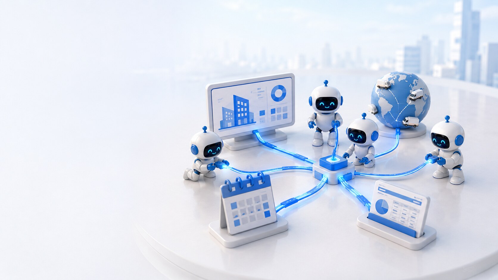 Sticklebrick robots threading glowing blue ribbon-cables between operational systems — the connective AI conversation.