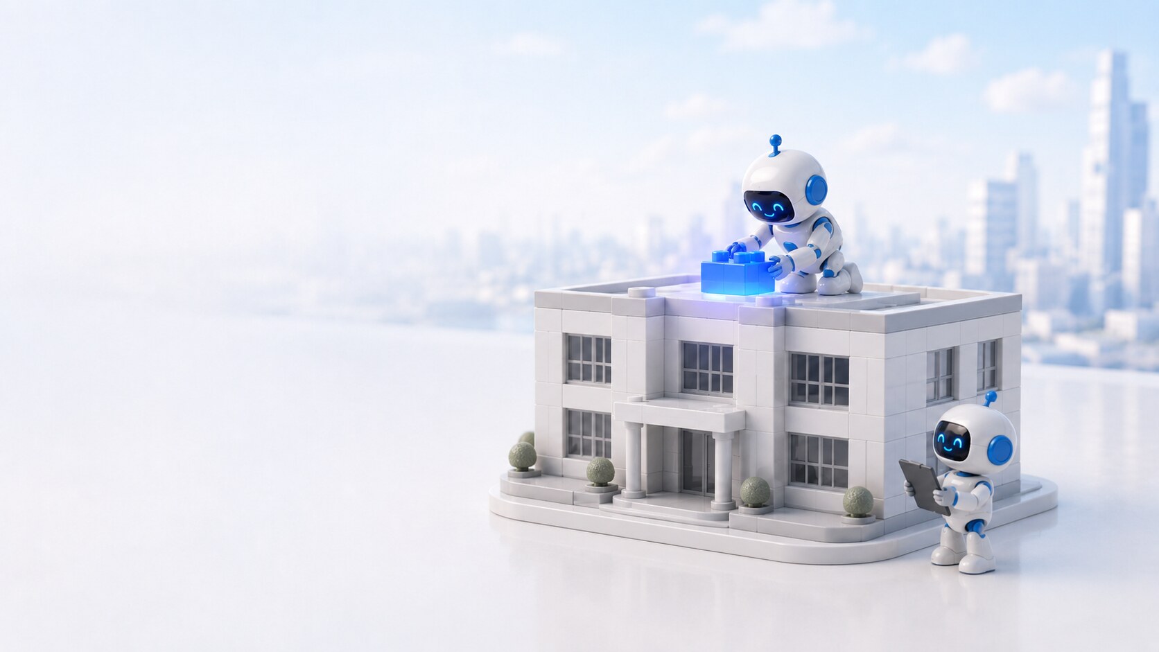 A Sticklebrick robot carefully placing a single glowing blue connector brick onto the roof of a small white-and-grey operations building.