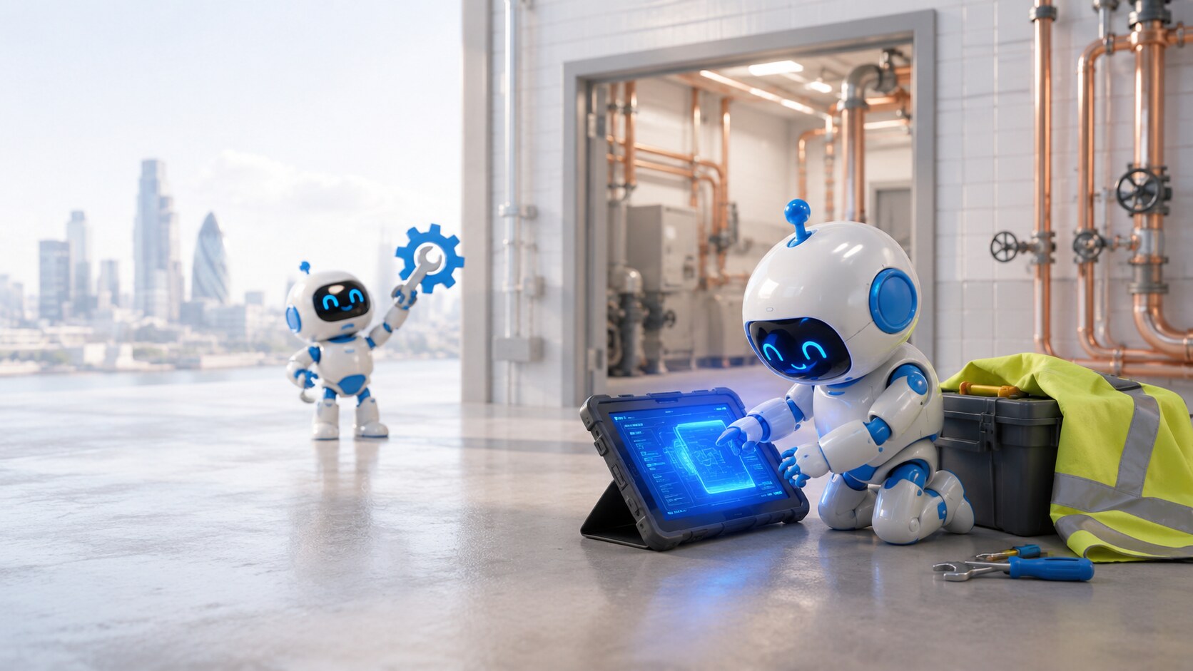 A Sticklebrick robot at a plant room doorway with a ruggedised tablet and engineer's hi-vis jacket draped over a toolbox — the AI works alongside the trade, not above it.