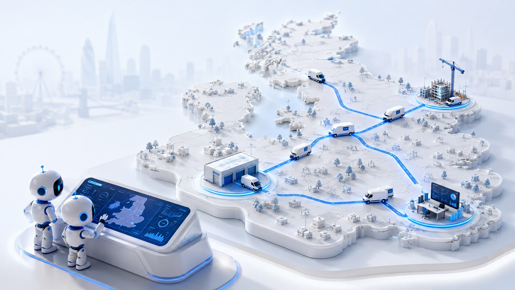 Aerial three-quarter view of a miniature UK road network with white-and-blue vans on glowing blue routes — fleet and route connection at scale.