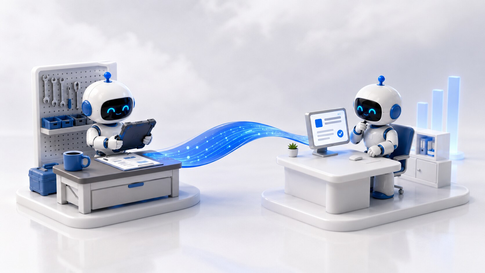 Two small dioramas bridged by a glowing blue data ribbon — a robot at a workbench with a ruggedised tablet on the left, a robot at an office desk reviewing a compliance card on the right.