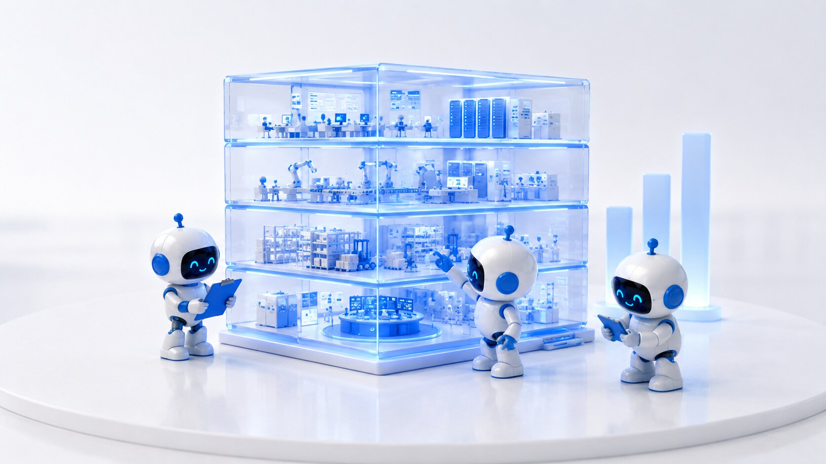 Three Sticklebrick robots inspecting a translucent blue cross-section model of an operation across four floors — the audit, calm and forensic.