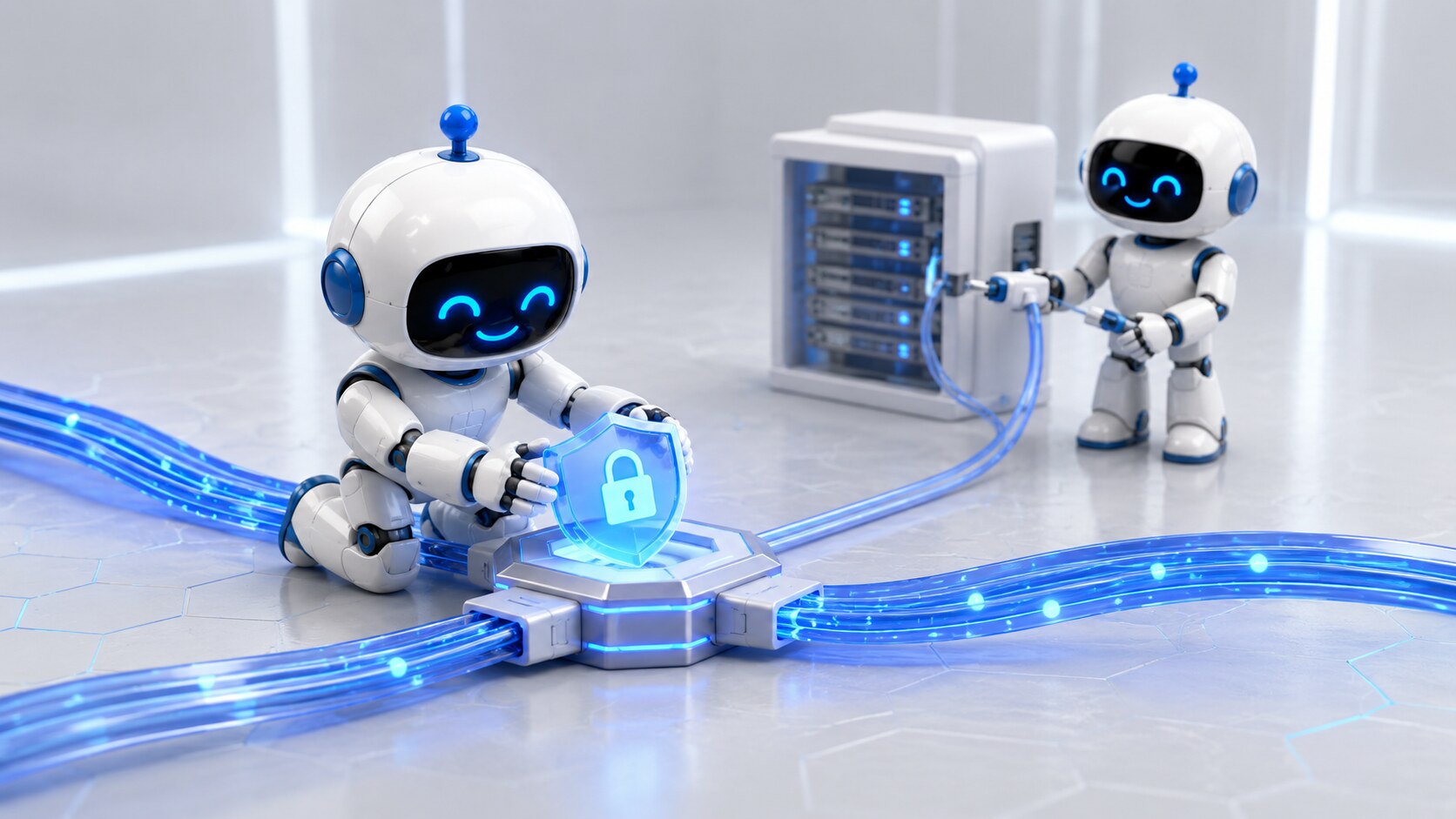 A Sticklebrick robot kneels beside a connector seam, placing a glowing blue padlock-shield over the join.