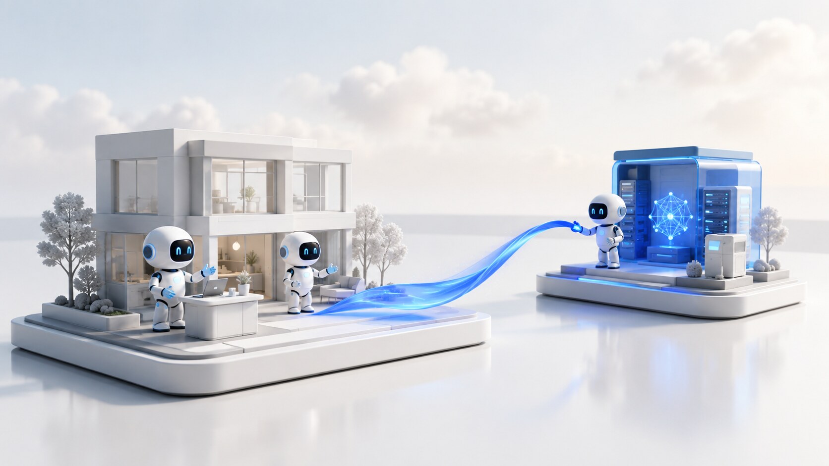 Two operational plates on a polished surface — a partner-coded white building on the left, a smaller Sticklebrick-blue AI module on the right — joined by a glowing blue ribbon.